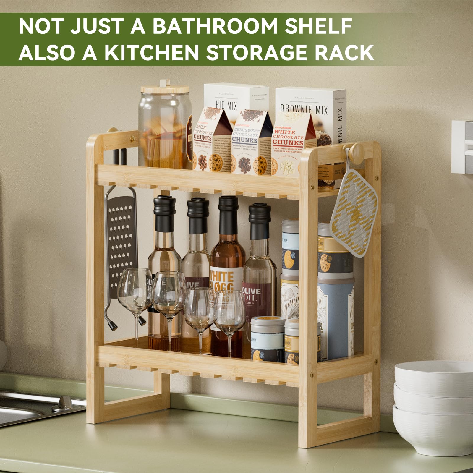 AmazerBath Bamboo Over The Toilet Storage Shelf - 2-Tier Bathroom Organizers and Storage Shelves, 2 in 1 Dual Stable Above Over Toilet Bathroom Shelf Home Storage Rack for Small Bathroom, Space Saver