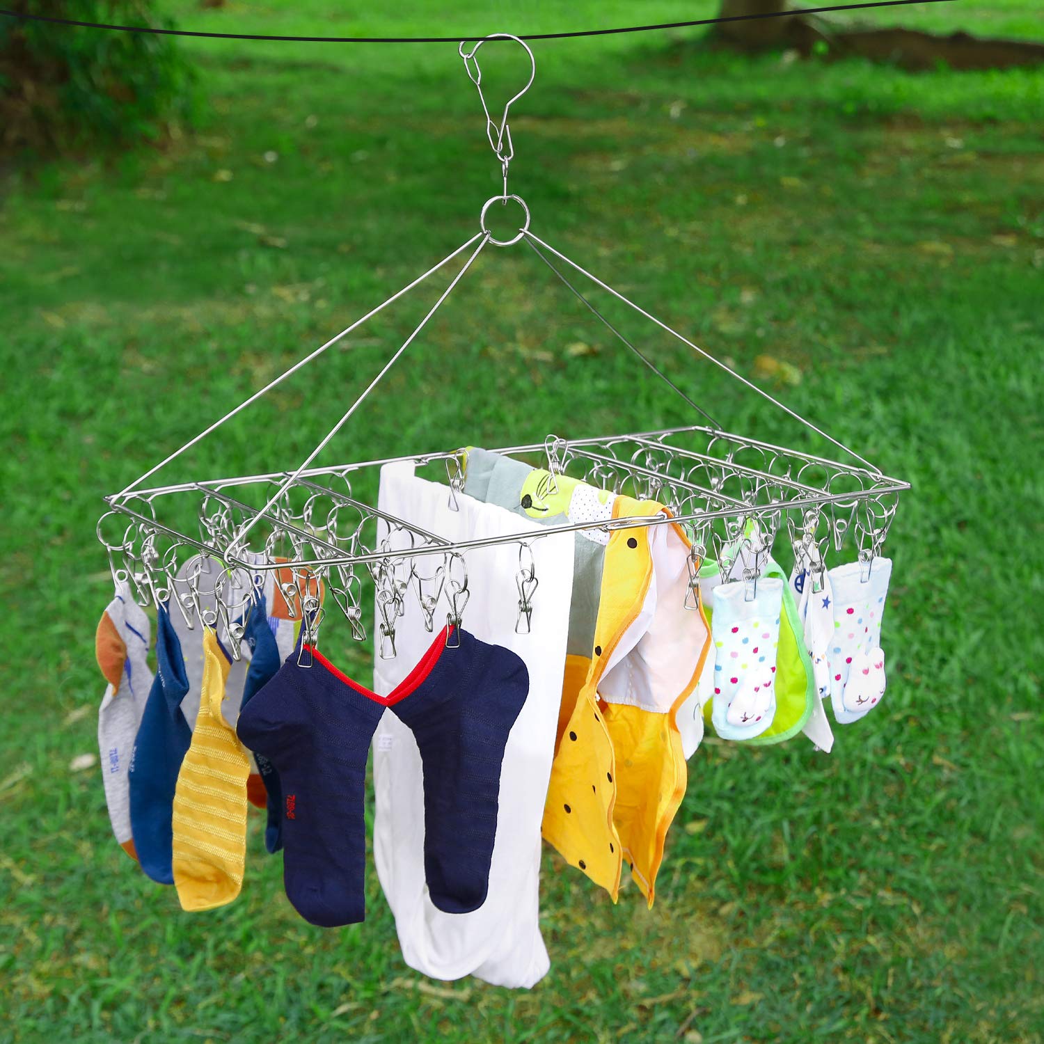 [2 Pack] Folding Clothes Drying Hanger with 72 Clips Totally, Stainless Steel Space Saver Washline Dryer Rack with Peg for Sock, Underwear, Baby Clothes and Delicate Washes