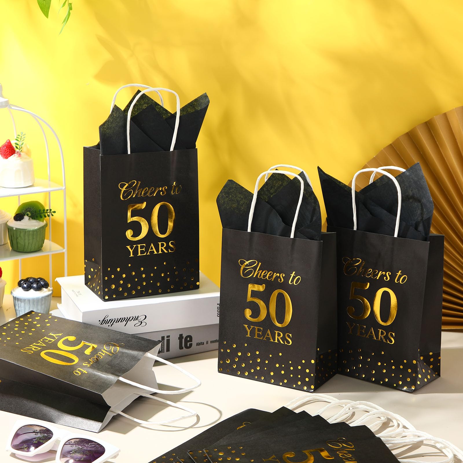 Resholder 20 Pack Cheers to 50 Years Gift Bags with Handle 50th Birthday Gift Bag Party Favors with Tissue Paper Black and Gold Paper Goodie Treat Bag Presents Birthday Anniversary Wedding Supplies