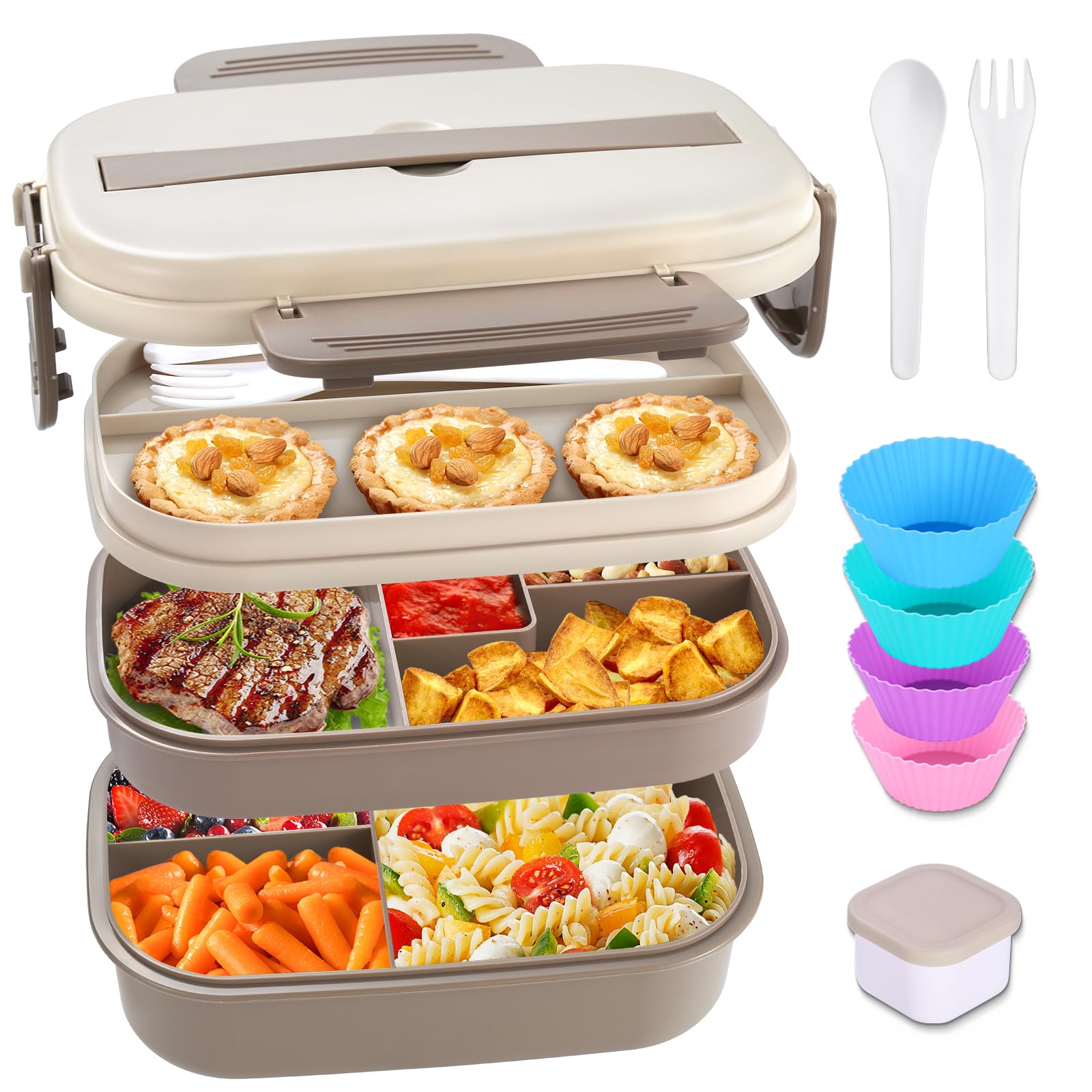 Bento Box Adult Lunch Box, Stackable Bento Lunch Container for Adults Kids, 3 Layer Portable Lunch Containers with Utensils, Sauce Jar, Muffin Liners, 63oz, Microwave & Dishwasher Safe, Brown