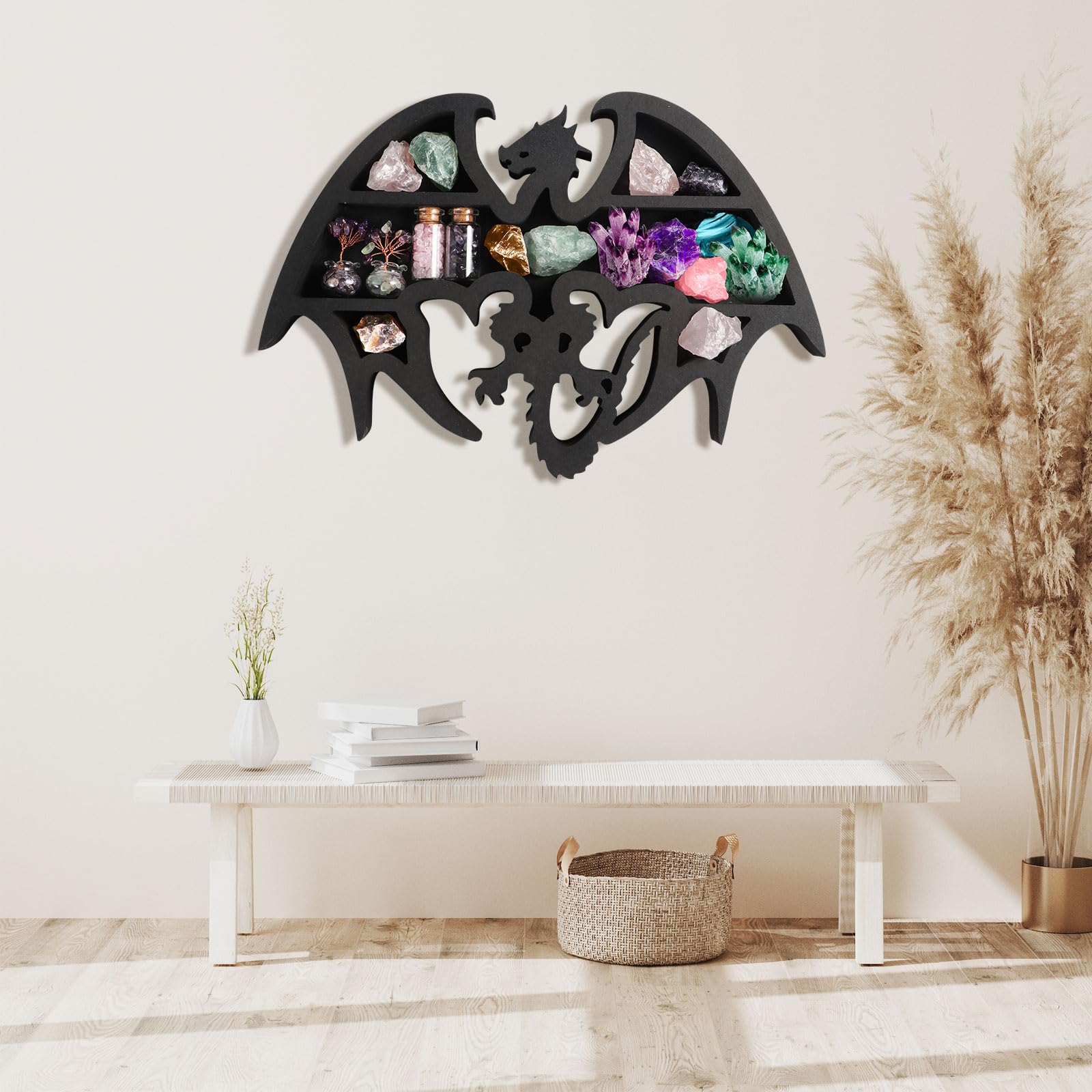 Stylitzy Wooden Floating Shelf Dragon Design Unique Room Decor Crystal & Rock Display Shelf, Floating Wall Shelves with Dragon Design for Rocks, Crystals, Oils, Stones, Plants(14x9.4inches