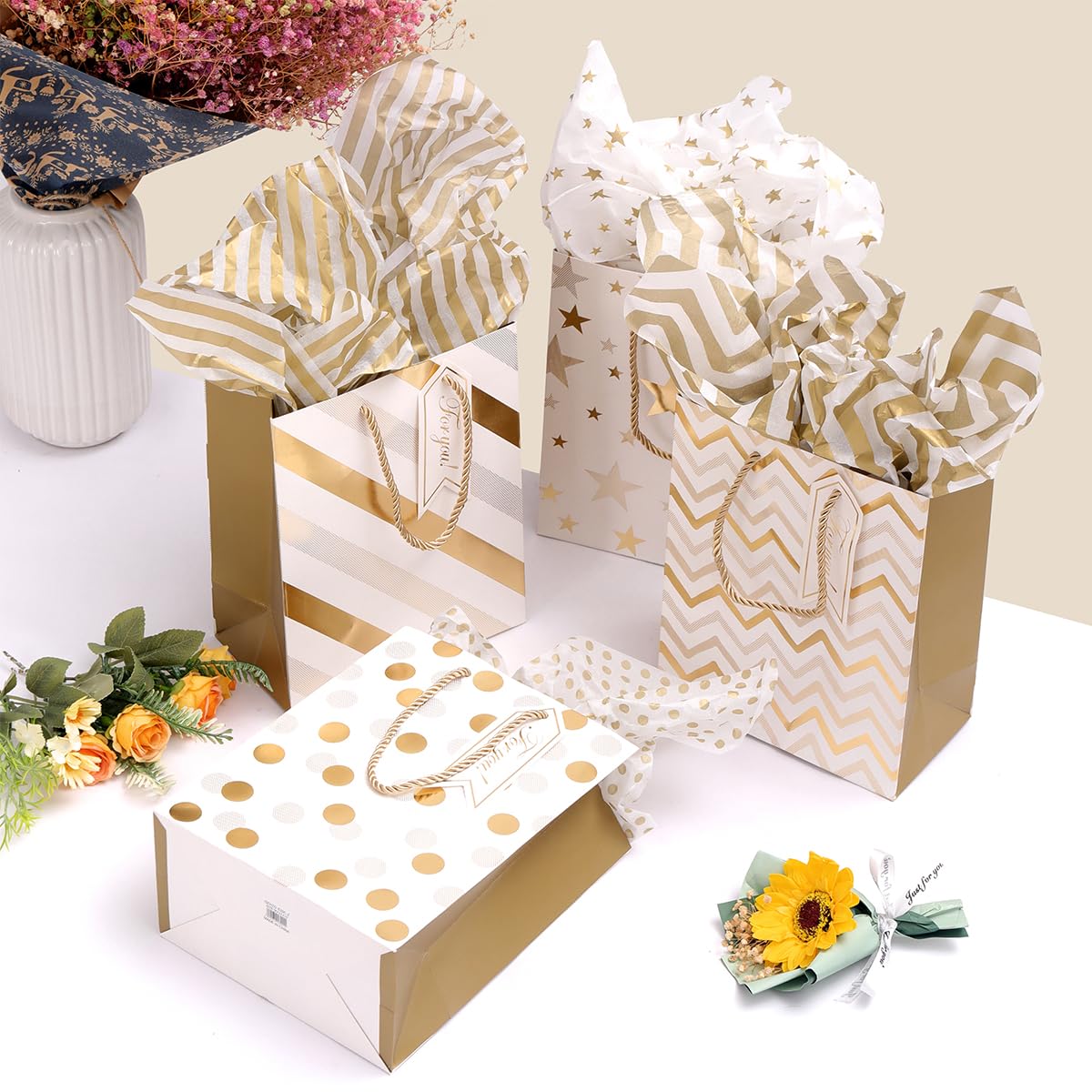 Dimetey 12pcs 9" Gift Bags, Medium Size Paper Bags with Tissue Paper, White Gold Wrap Paper Gift Bags with Handles for Shopping Party Wedding Baby Shower Holiday Presents (Gold)