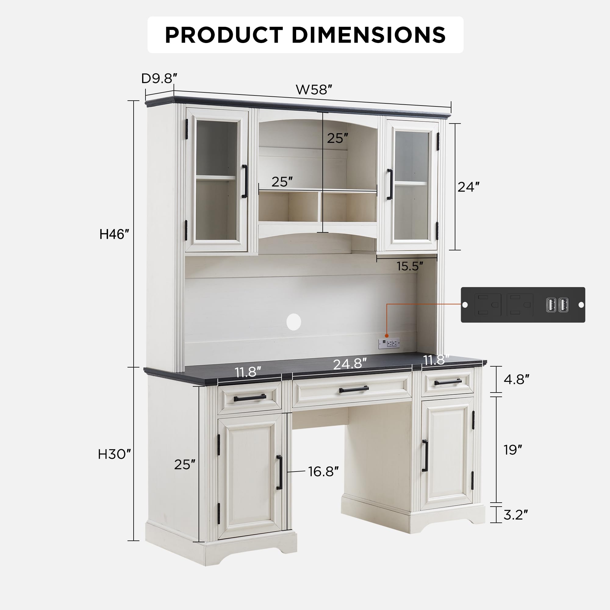 JXQTLINGMU Farmhouse 76" Height Computer Desk with Hutch, Office Desk with Charging Station, Drawers and Storage Cabinet, Workstation for Office Home, Off White