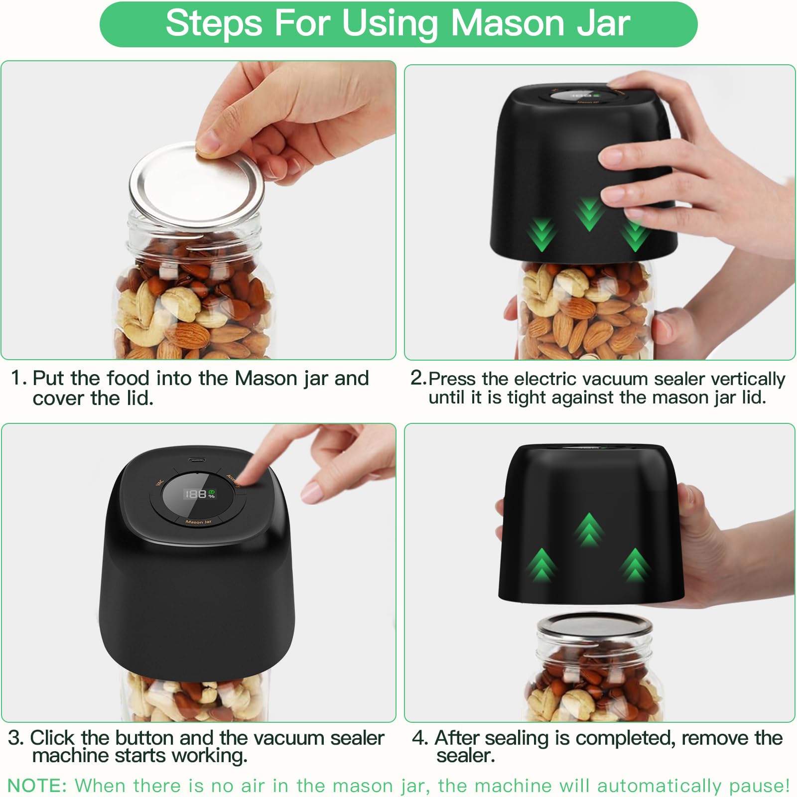 3 in 1 Electric Mason Jar Vacuum Sealer Kit with External Assembly Vacuum Pump for Food Storage, Automatic Vacuum Sealer Compatible with Vacuum Bag,Wine Bottle,Wide Mouth and Regular Mouth Mason Jars