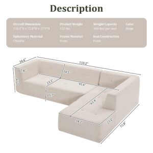 Olodumare 110.2" Minimalist Modular Sectional Sofa Cloud Couch, Modular 2 Pieces Deep Seat Couch for Living Room, Upholstered 4-Seater L-Shaped Sofa with Chaise for Bedroom,Office,Chenille (Beige)