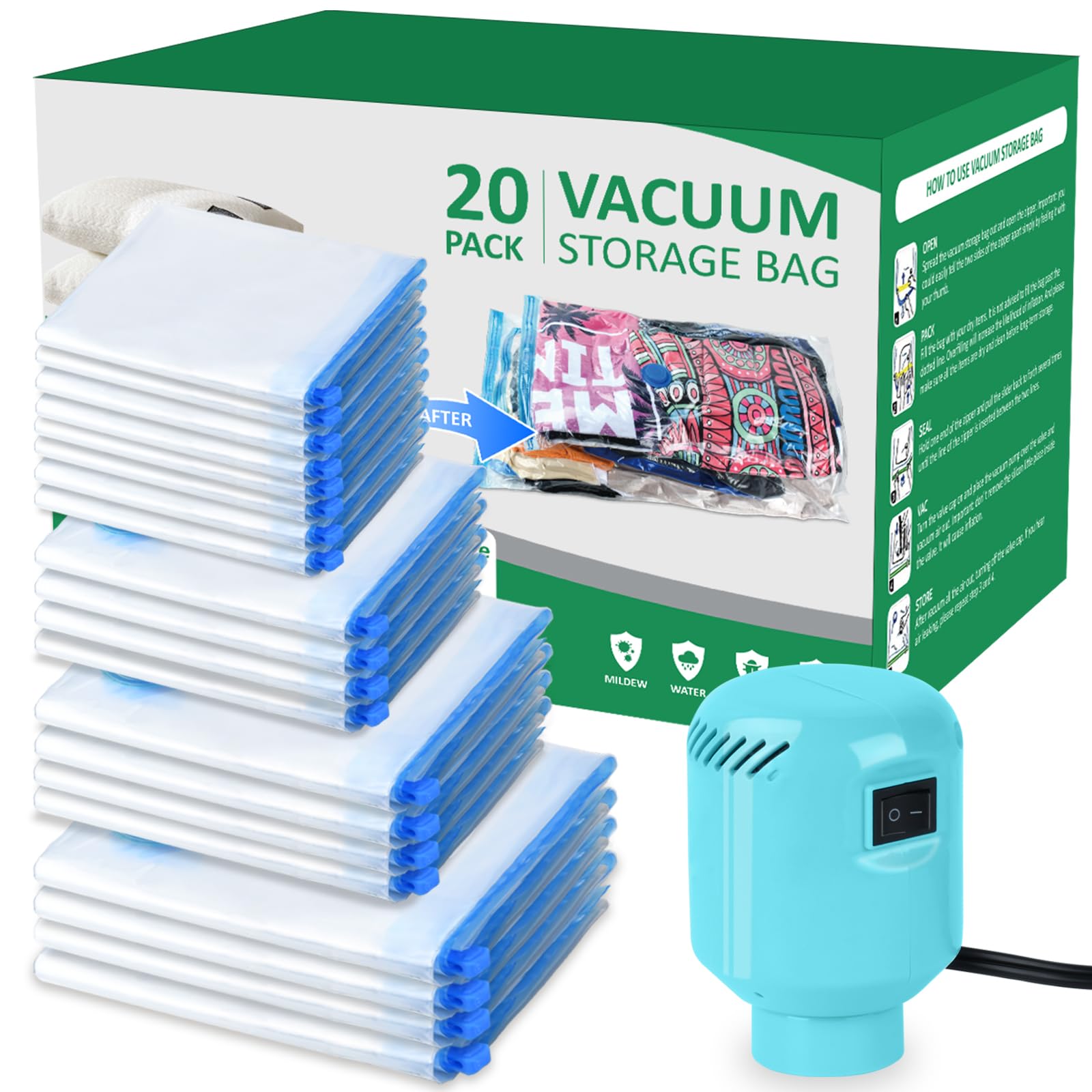 ZPP Vacuum Storage Bags with Electric Pump, 20 Pack (4 Jumbo, 4 Large, 4 Medium, 4 Small, 4 Roll Up Bags) Vacuum Seal Bags for Clothes, Mattress, Blanket, Comforters, Travel, Moving