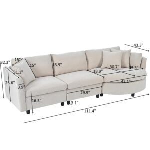 Tmsan 111.4" Curved Sectional Sofa Couch for Living Room, Modern Chenille Cloud Sofa Deep Seat 3 Seat Sofa Couch with 3 Pillows for Apartment Office