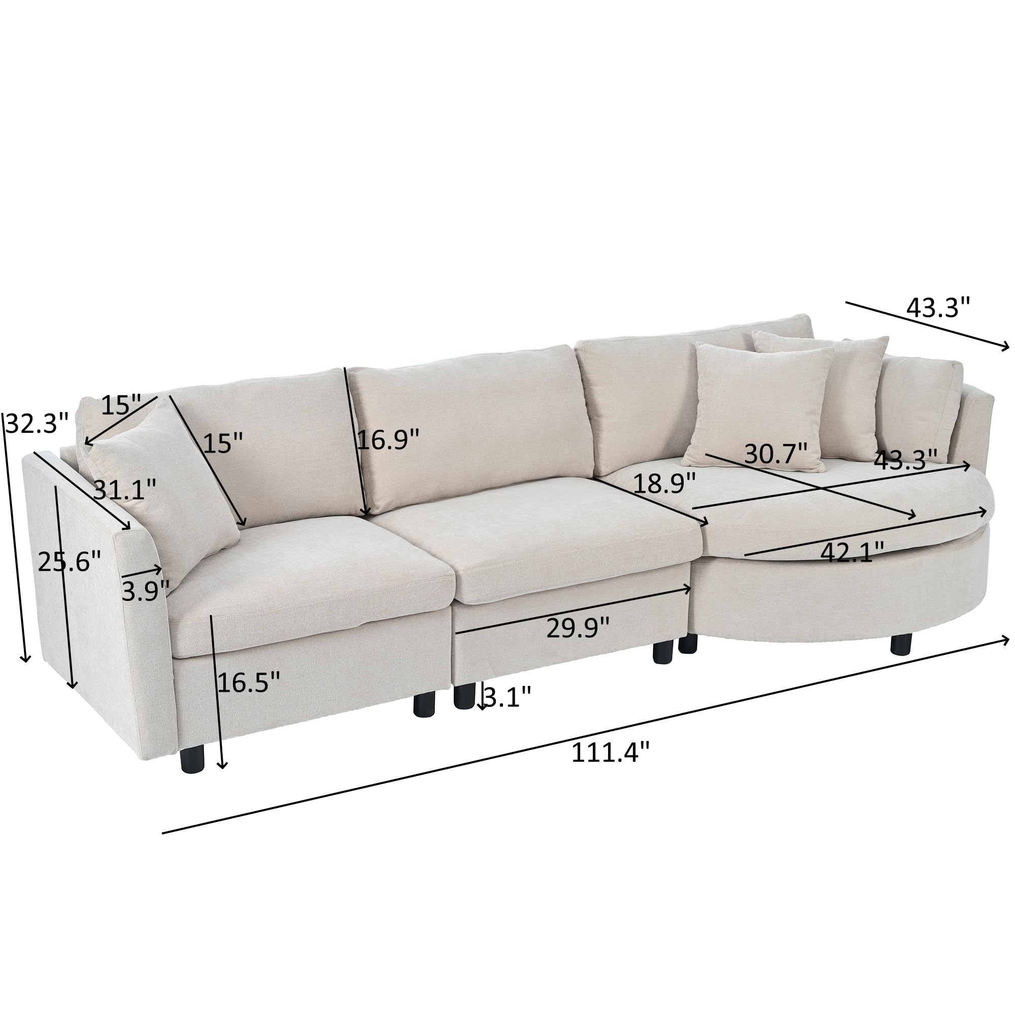 Tmsan 111.4" Curved Sectional Sofa Couch for Living Room, Modern Chenille Cloud Sofa Deep Seat 3 Seat Sofa Couch with 3 Pillows for Apartment Office