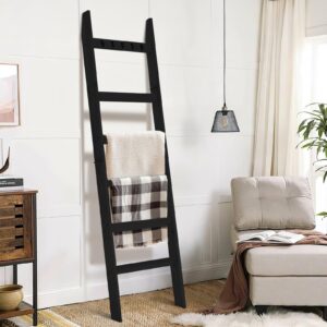 TEAKMAMA 6-Tier Blanket Ladder with Hooks, 5.4 Ft Wall Leaning Blanket Ladders for Living Room, Rustic Decorative Ladder for Blankets, Quilts, Farmhouse Decor Ladder Shelf, Easy to Assemble, Black