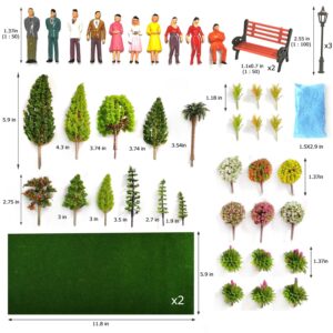 QuarenDen Model Scenery Kit, Painted Figures, Model Train Scenery, 47pcs, Miniature Trees, Model Trees, Model Grass Mat for Miniature Scene Landscape