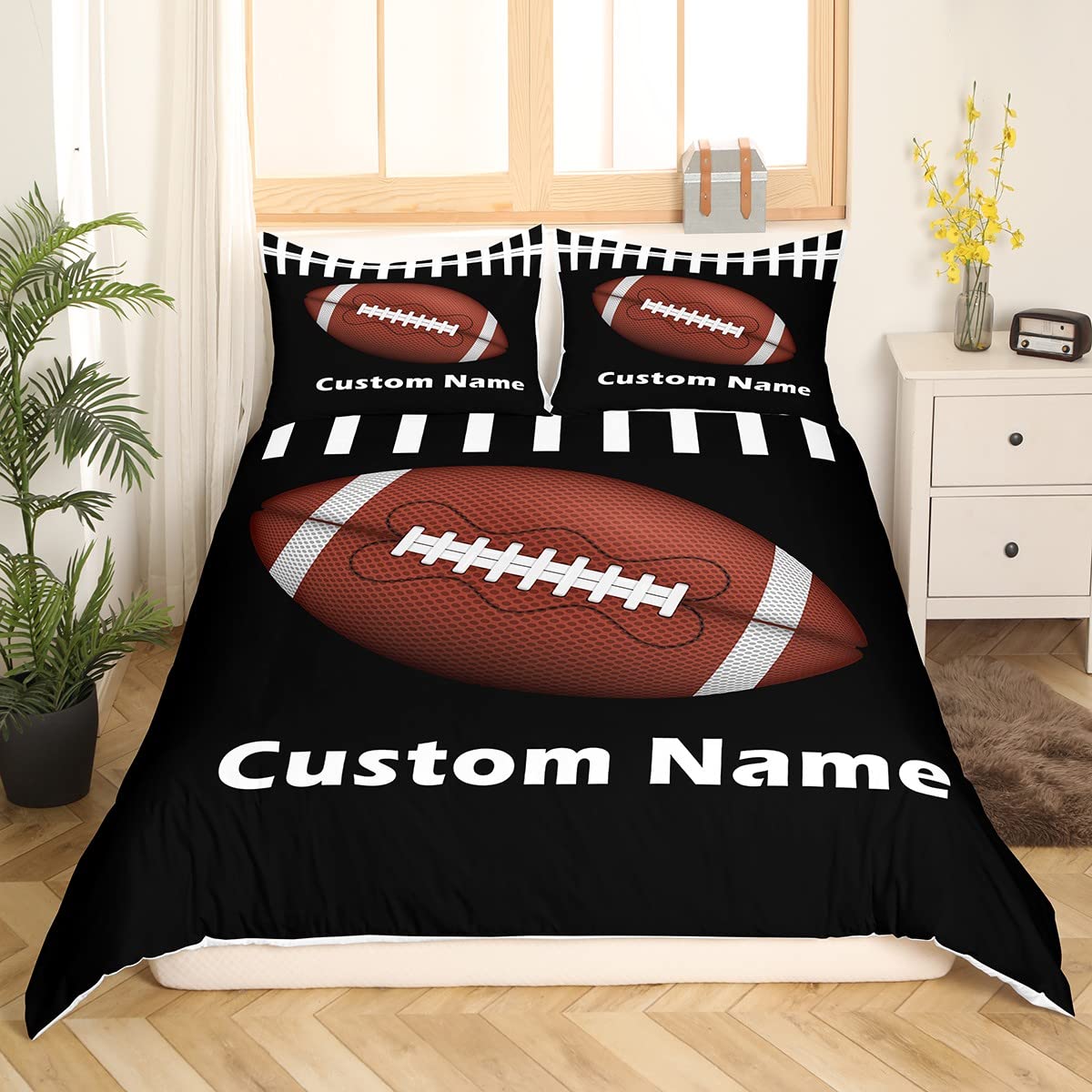 Erosebridal Personalized Customize Name Bedding Sets for Boys Full Size American Football Bedding Customize Name for Toddler Girls Teens Sports Games Fans Duvet Cover Geometry Stripe Comforter