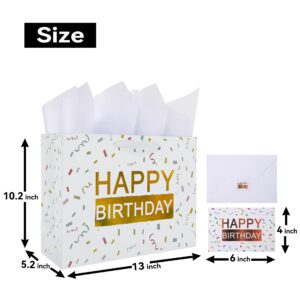 13" Large White Gift Bag Set with Greeting Card and Tissue Papers (Gold Foil ’Happy Birthday') for Women's, Men's, Girls, Boys or Kids, Baby Shower