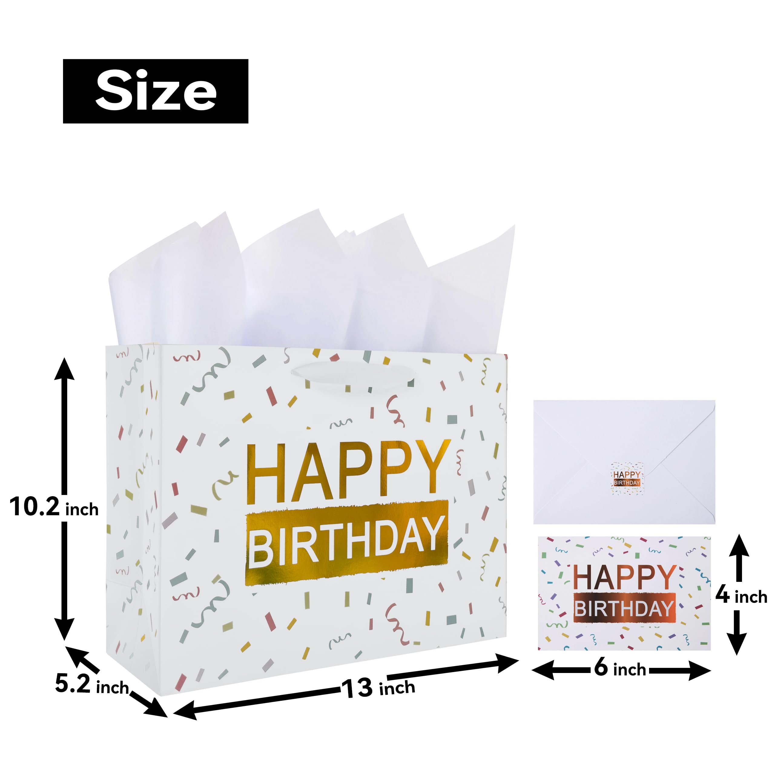 13" Large White Gift Bag Set with Greeting Card and Tissue Papers (Gold Foil ’Happy Birthday') for Women's, Men's, Girls, Boys or Kids, Baby Shower