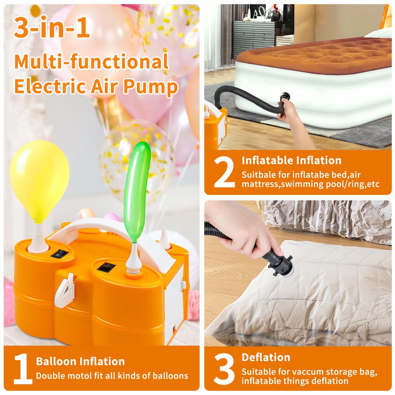 Growsun Balloon Pump, Electric 3 in 1 Powerful Air Inflate/Deflate Pump, Multi-Functional Double Motor for Swimming Pool, Inflatable Bed and Vacuum Bag and etc