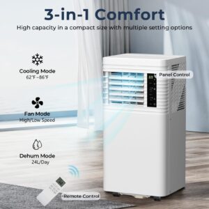 R.W.FLAME 10,000 BTU Air Conditioner cool Up to 450 Sq.Ft, 4 Modes Portable AC Unit with 24Hrs Timer/LED Display/Remote Control/Installation Kits, AC Unit for Bedroom, White