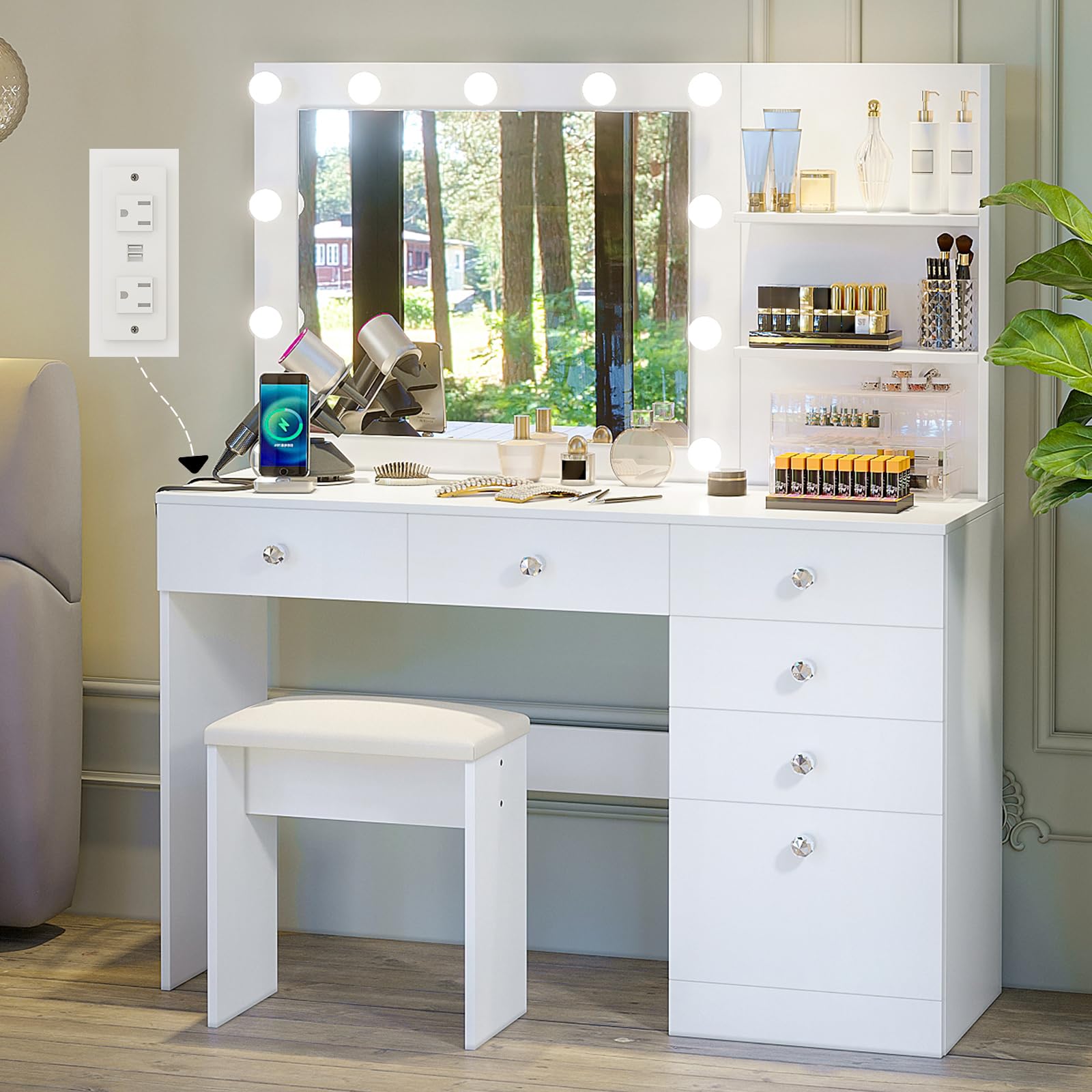 VOWNER Vanity with Lights - 47" Makeup Vanity Desk with Power Outlet, Storage Shelves and 6 Drawers, 3 Color Lighting Modes with Adjustable Brightness, Makeup Desk with Stool for Women Girls, White