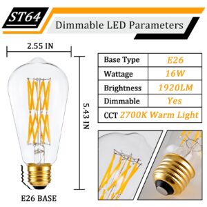 CREATE BRIGHT Vintage ST64 16W Dimmable Led Edison Bulbs 2700K Warm Light Bulbs Led Filament Light Bulbs for Chandeliers,E26 Base,4 Pack