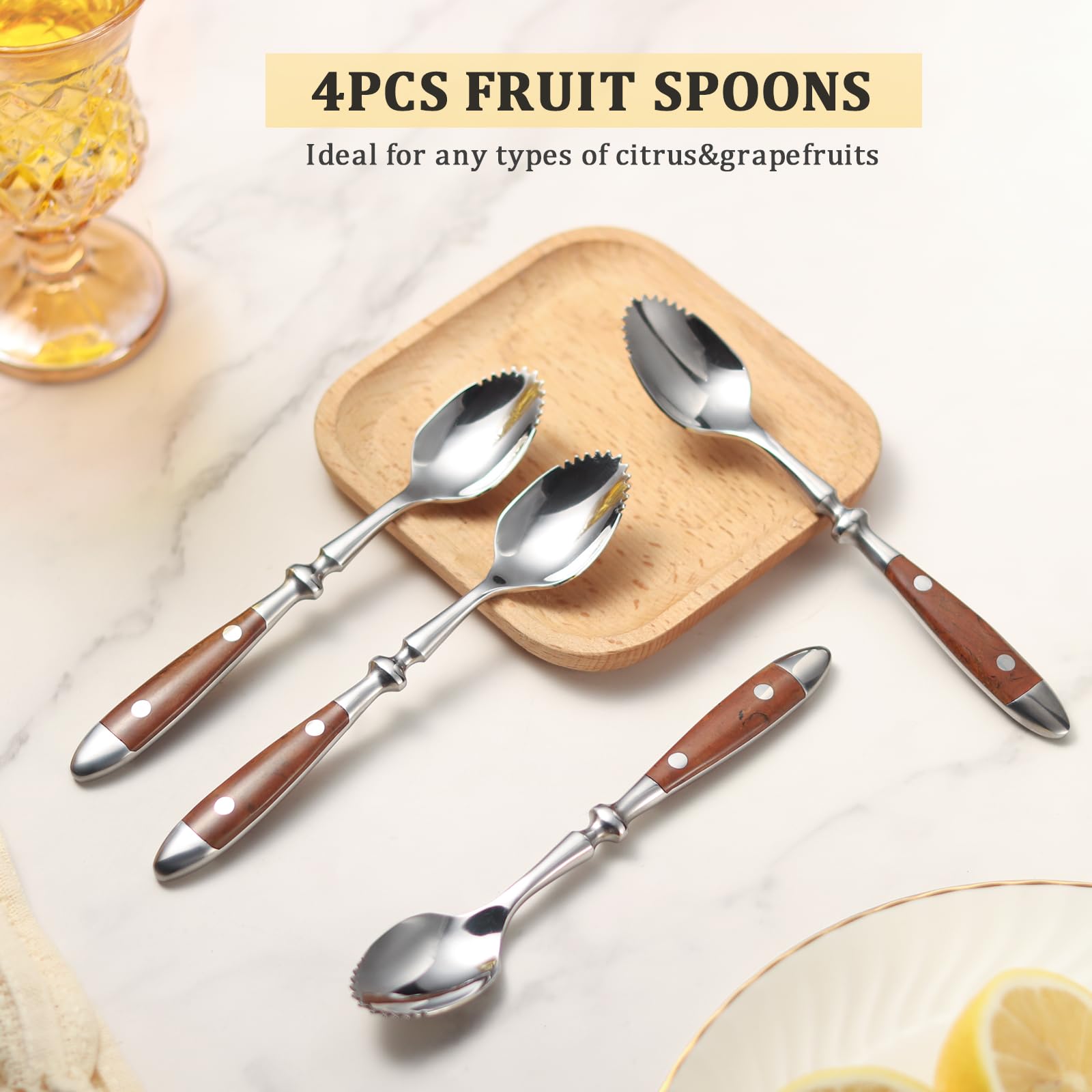 CherHome Grapefruit Spoons，4pcs Serrated Grapefruit Spoon Scoop，Premium Stainless Steel 18/8 Fruit Spoon Kiwi Spoon with Comfortable Bakelite Handle,For Any Citrus&Grapefruits，Wood Grain Handle