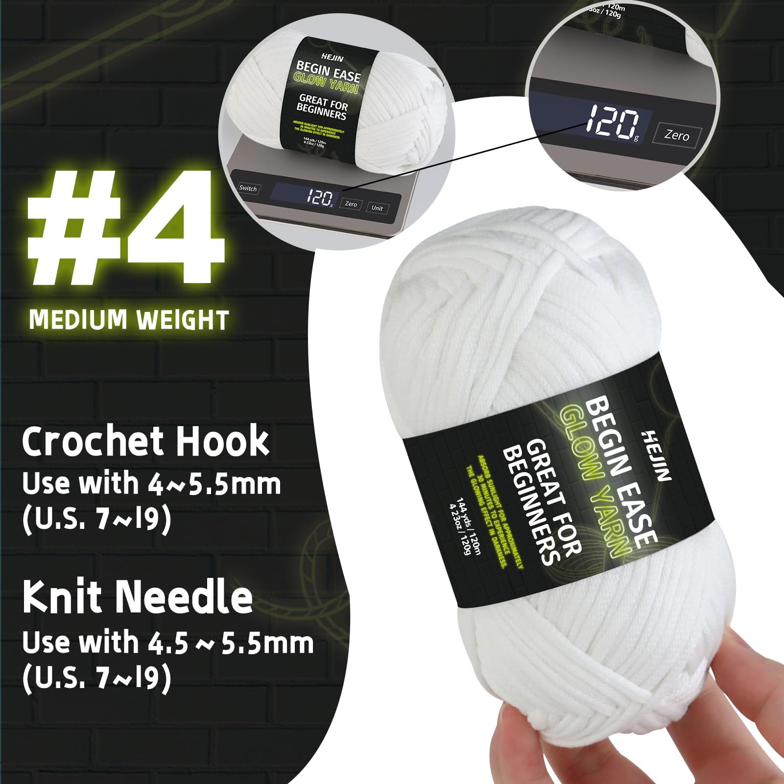 120g Glow in The Dark Yarn for Crocheting and Knitting; 120m(144yds) Yarn for Beginners with Easy-to-See Stitches; Worsted-Weight Medium #4; Yarn for Beginners Crochet Kit Making