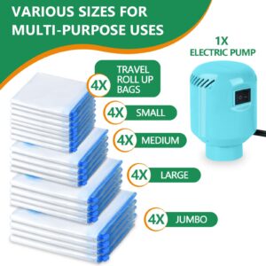 ZPP Vacuum Storage Bags with Electric Pump, 20 Pack (4 Jumbo, 4 Large, 4 Medium, 4 Small, 4 Roll Up Bags) Vacuum Seal Bags for Clothes, Mattress, Blanket, Comforters, Travel, Moving