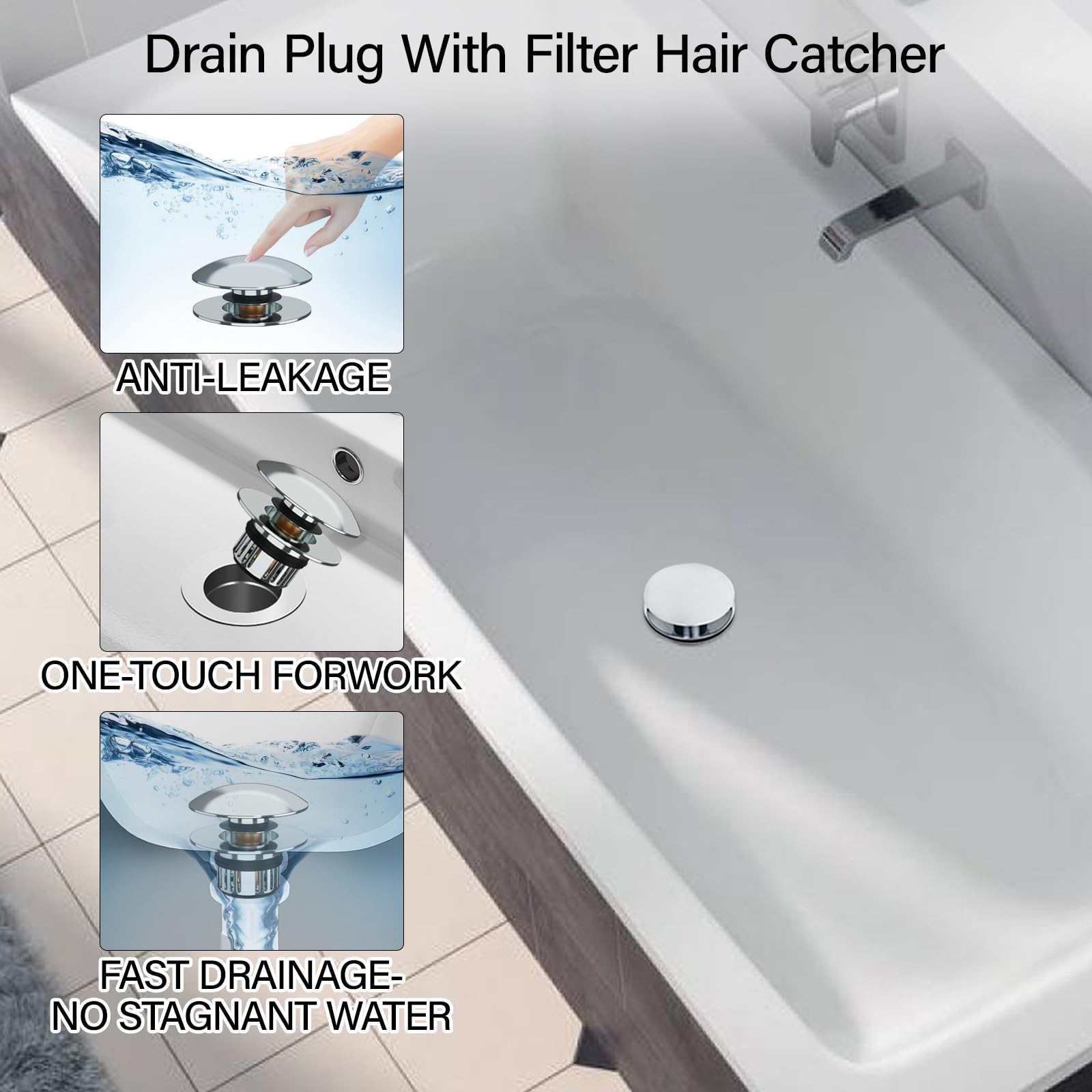 Bathtub Drain Stopper - Bath Tub Drain Plug with Hair Catcher Basket, Chrome