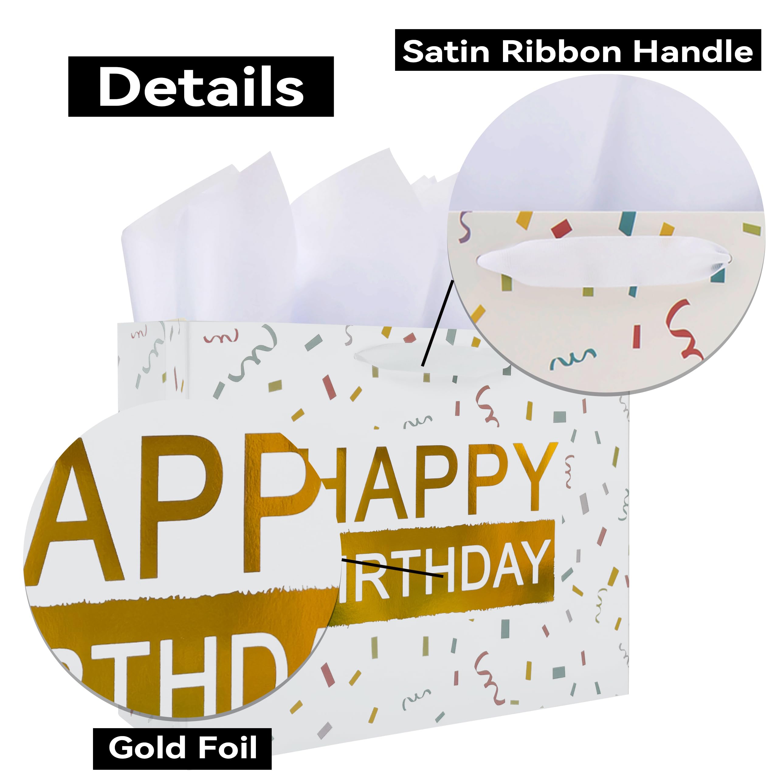 13" Large White Gift Bag Set with Greeting Card and Tissue Papers (Gold Foil ’Happy Birthday') for Women's, Men's, Girls, Boys or Kids, Baby Shower