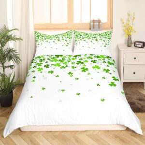 manfei lucky clover bedding set for boys girls spring leaves comforter cover st. patrick's day duvet cover room decor green white bedspread cover queen bedding collection 3pcs