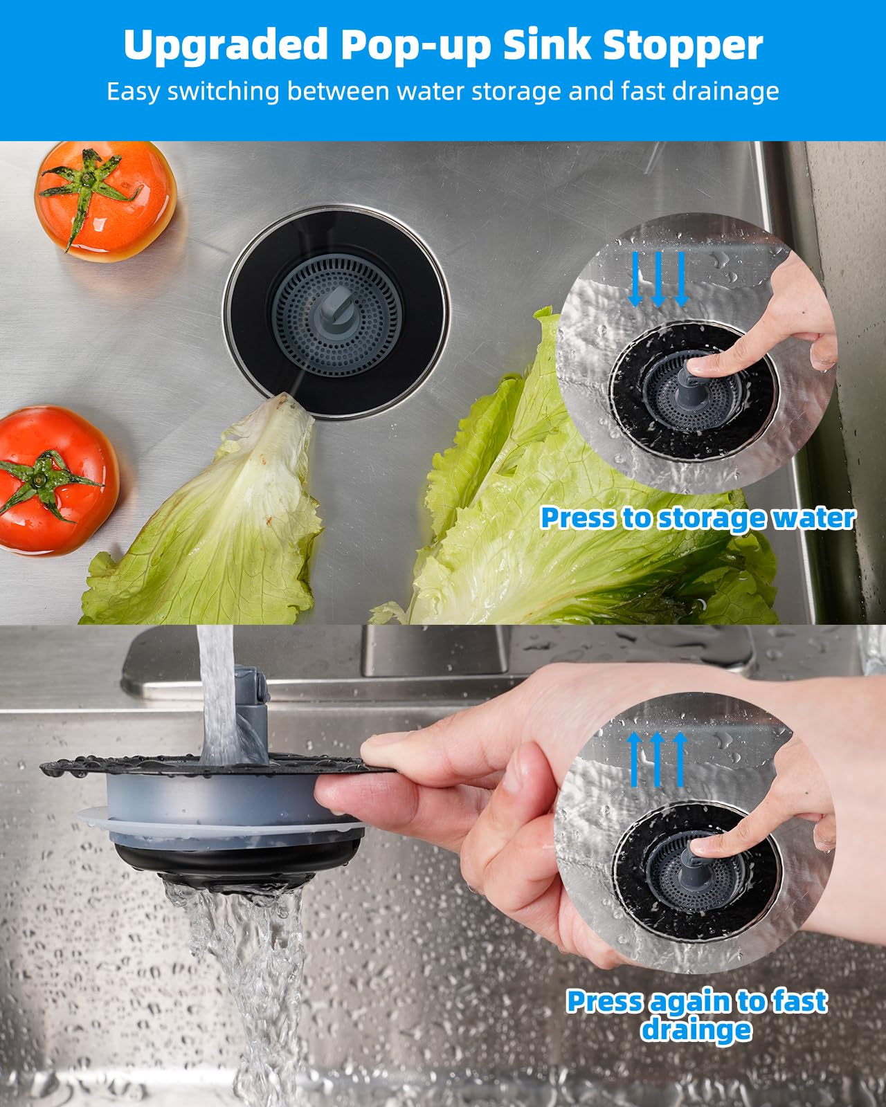 Hibbent 3 in 1 Kitchen Sink Drain Strainer and Stopper Combo, Stainless Steel Metal Pop Up Sink Stopper, Anti-Clogging Basket Strainer with Foldable Handle for US Standard 3-1/2" Drain, Matte Black