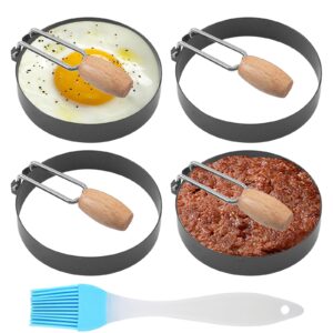 4pcs egg rings with wooden handle, 3.5 inch egg rings for frying eggs stainless steel fried egg cooker ring with oil brush nonstick griddle egg shaper ring mold for breakfast sandwich english muffins