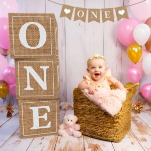 Neutral Burlap Print ONE Boxes for 1st First Birthday Decorations, Large 3Pcs Rustic Boho ONE Sign Boxes with Letters and ONE High Chair Banner