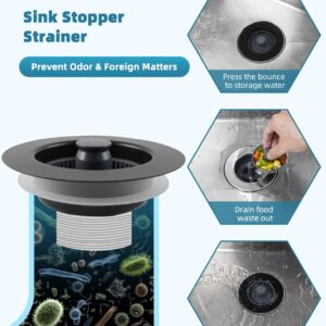 3 in 1 Black Kitchen Sink Stopper Strainer, Matteblack 304 Stainless Steel Pop Up Sink Drain Strainer with Handle Rod for US Standard 3-1/2 inch Drain Filter, Anti-Clog