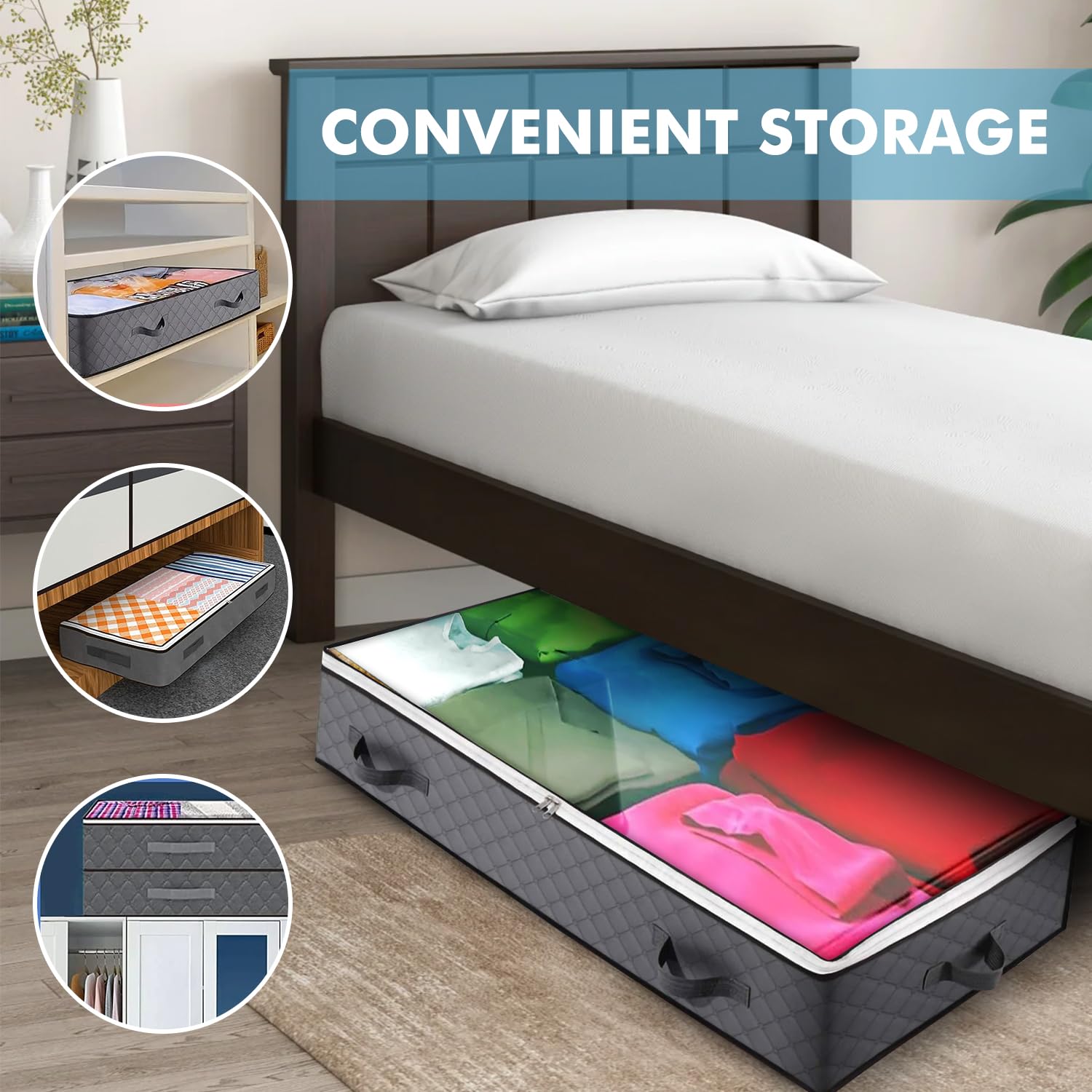 Deep Impact Under Bed Storage Containers, 90L 6 Pack Underbed Storage with Handles, Dual Zippers, & Clear Top, Under The Bed Storage Bins for Clothes, Blankets, Towels, Comforter, Sweaters, Pillows