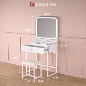 Keonjinn White Vanity Mirror with Lights, LED Makeup Vanity Desk with Large Drawer & 2 Makeup Trays & Chair, 7000 Lux Vanity Table with Lighted Mirror & Power Outlet, CRI＞90 Vanity Set for Bathroom