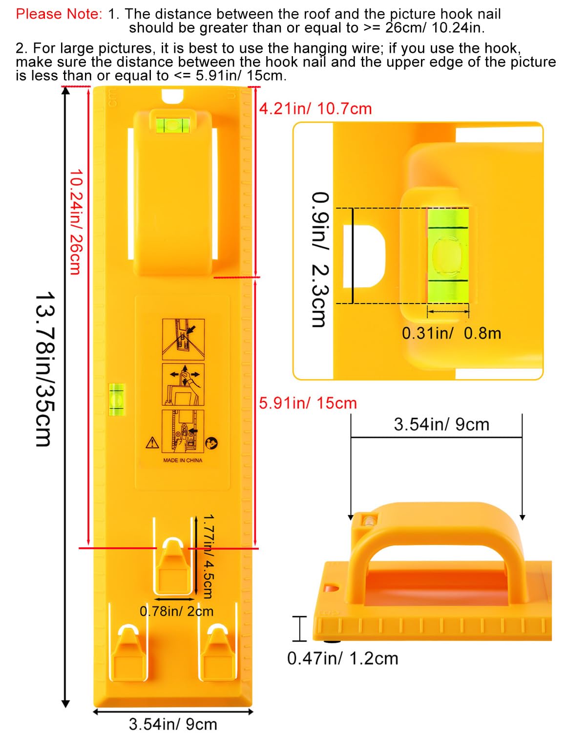 Stalishare Goodsnova Picture Hanging Tool with Level and Position Nail, Instaframe Kit Quick Hang and Level, Easy Picture Hanger Helper for Wall Frame/ Art/ Painting/ Photo/ Poster (Plastic, Yellow)