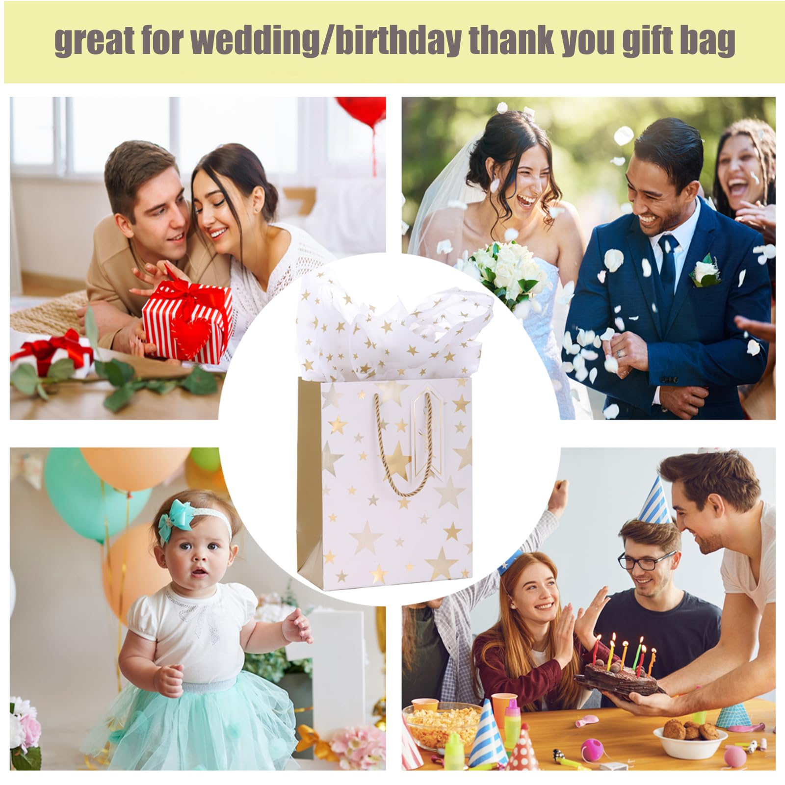 Dimetey 12pcs 9" Gift Bags, Medium Size Paper Bags with Tissue Paper, White Gold Wrap Paper Gift Bags with Handles for Shopping Party Wedding Baby Shower Holiday Presents (Gold)