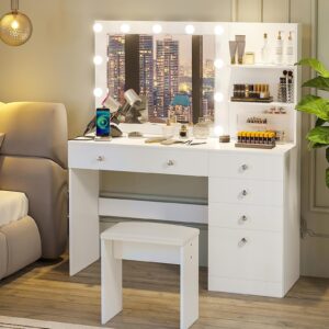 VOWNER Vanity with Lights - 47" Makeup Vanity Desk with Power Outlet, Storage Shelves and 6 Drawers, 3 Color Lighting Modes with Adjustable Brightness, Makeup Desk with Stool for Women Girls, White