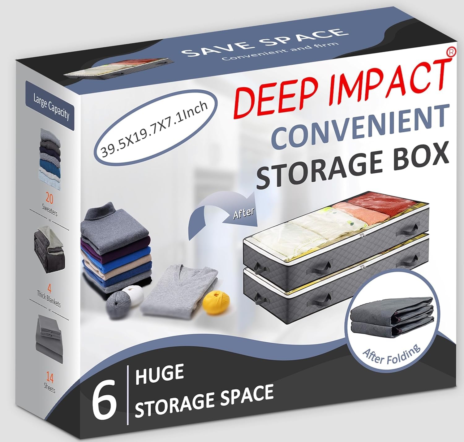 Deep Impact Under Bed Storage Containers, 90L 6 Pack Underbed Storage with Handles, Dual Zippers, & Clear Top, Under The Bed Storage Bins for Clothes, Blankets, Towels, Comforter, Sweaters, Pillows