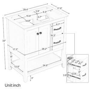 Ataucjin 30" Bathroom Vanity with Ceramic Sink Top, Solid Wood Bathroom Storage Cabinet Bath Vanity with Two Tiers Drawer and Soft Closing Doors（Delivery in Two Boxes）