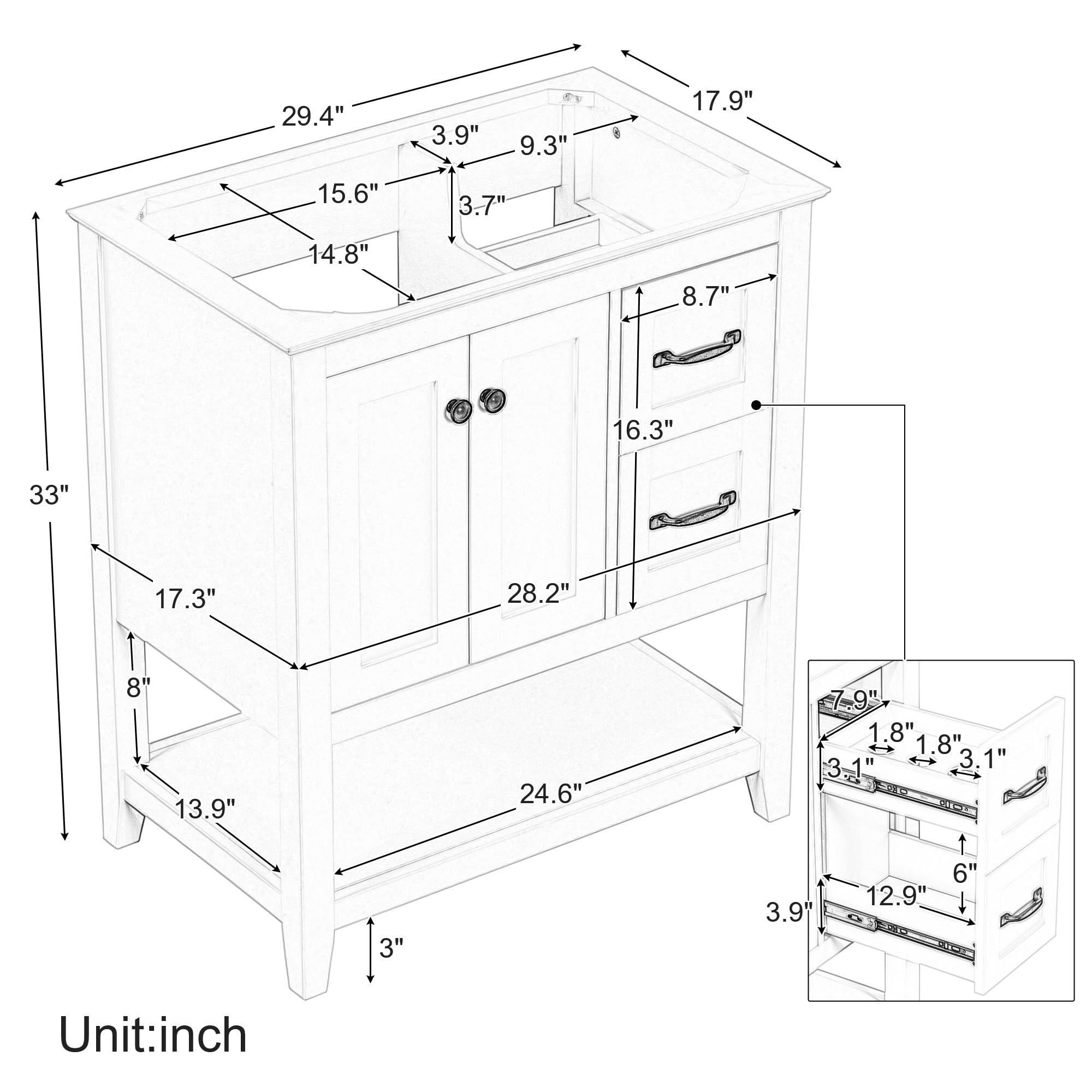 Ataucjin 30" Bathroom Vanity with Ceramic Sink Top, Solid Wood Bathroom Storage Cabinet Bath Vanity with Two Tiers Drawer and Soft Closing Doors（Delivery in Two Boxes）