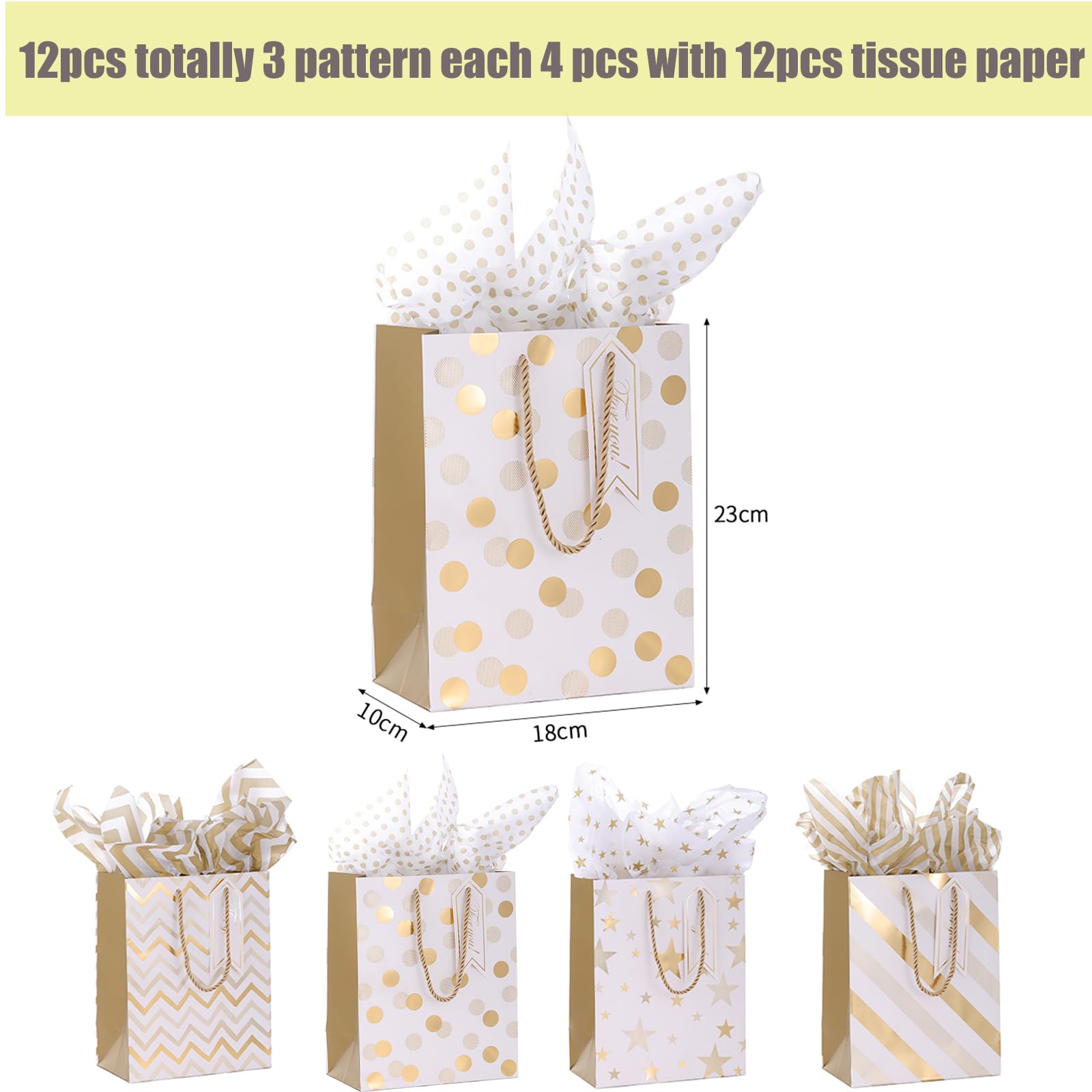 Dimetey 12pcs 9" Gift Bags, Medium Size Paper Bags with Tissue Paper, White Gold Wrap Paper Gift Bags with Handles for Shopping Party Wedding Baby Shower Holiday Presents (Gold)