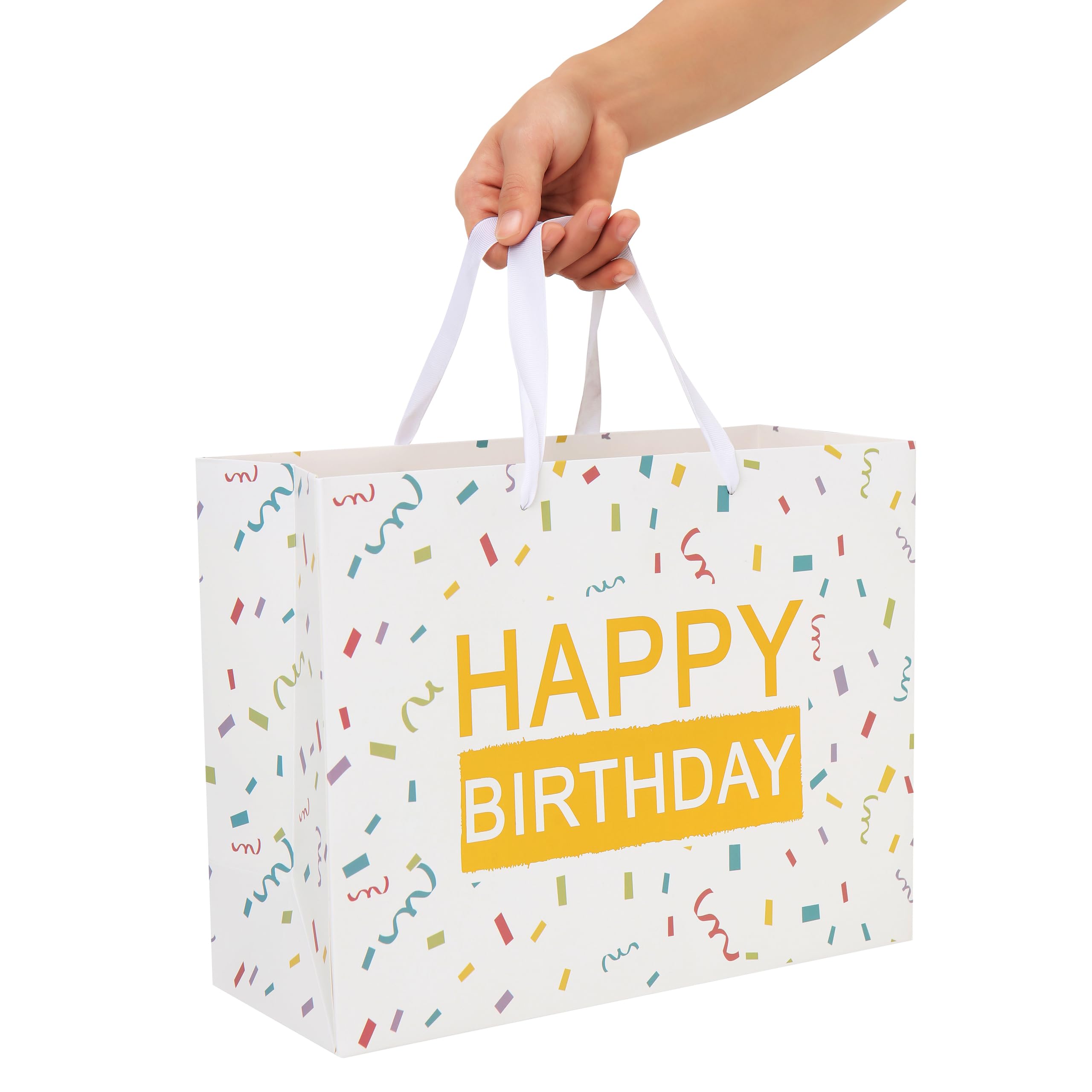 13" Large White Gift Bag Set with Greeting Card and Tissue Papers (Gold Foil ’Happy Birthday') for Women's, Men's, Girls, Boys or Kids, Baby Shower