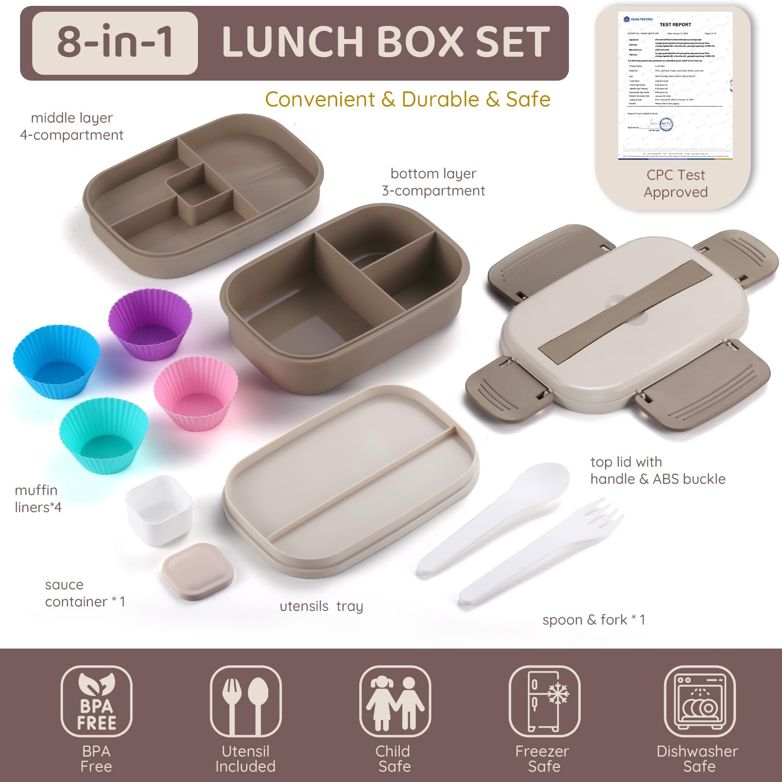 Bento Box Adult Lunch Box, Stackable Bento Lunch Container for Adults Kids, 3 Layer Portable Lunch Containers with Utensils, Sauce Jar, Muffin Liners, 63oz, Microwave & Dishwasher Safe, Brown