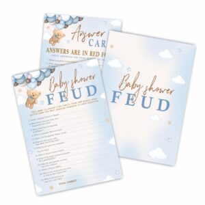 30 baby shower feud game - 5"x7" bear & balloons double-sided fill in game cards & 1 answer cards, gender reveal party & activity for boys and girls - baby shower party favors & decorations - a08