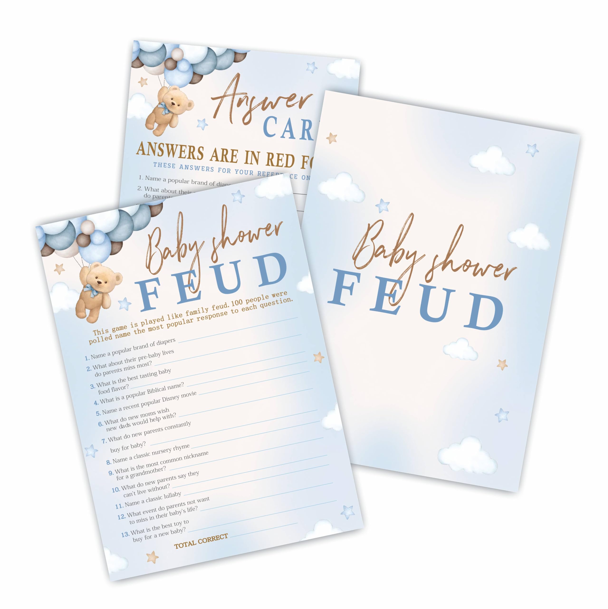 30 Baby Shower Feud Game - 5"X7" Bear & Balloons Double-Sided Fill In Game Cards & 1 Answer Cards, Gender Reveal Party & Activity For Boys And Girls - Baby Shower Party Favors & Decorations - A08