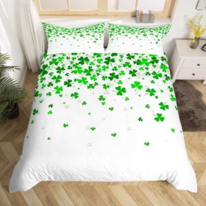 Manfei Lucky Clover Bedding Set for Boys Girls Spring Leaves Comforter Cover St. Patrick's Day Duvet Cover Room Decor Green White Bedspread Cover Queen Bedding Collection 3Pcs