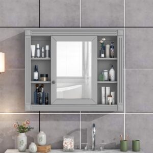 Linique 35" x 28" Wall Mounted Bathroom Storage Cabinet with Mirror,Modern Bathroom Wall Mirror Cabinet with 6 Open Shelves,Not Include Bathroom Vanity,Grey