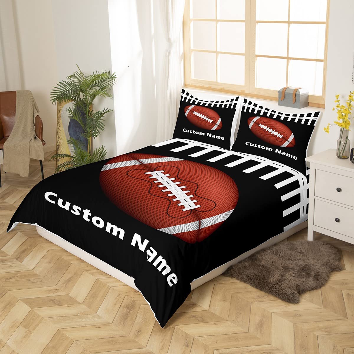 Erosebridal Personalized Customize Name Bedding Sets for Boys Full Size American Football Bedding Customize Name for Toddler Girls Teens Sports Games Fans Duvet Cover Geometry Stripe Comforter