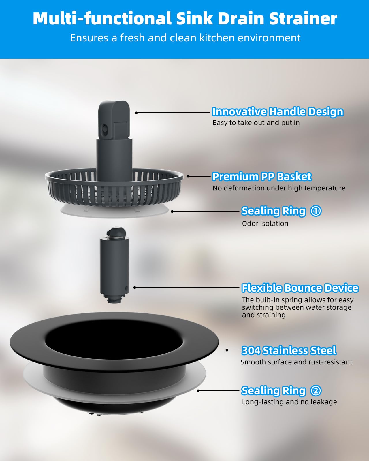 Hibbent 3 in 1 Kitchen Sink Drain Strainer and Stopper Combo, Stainless Steel Metal Pop Up Sink Stopper, Anti-Clogging Basket Strainer with Foldable Handle for US Standard 3-1/2" Drain, Matte Black