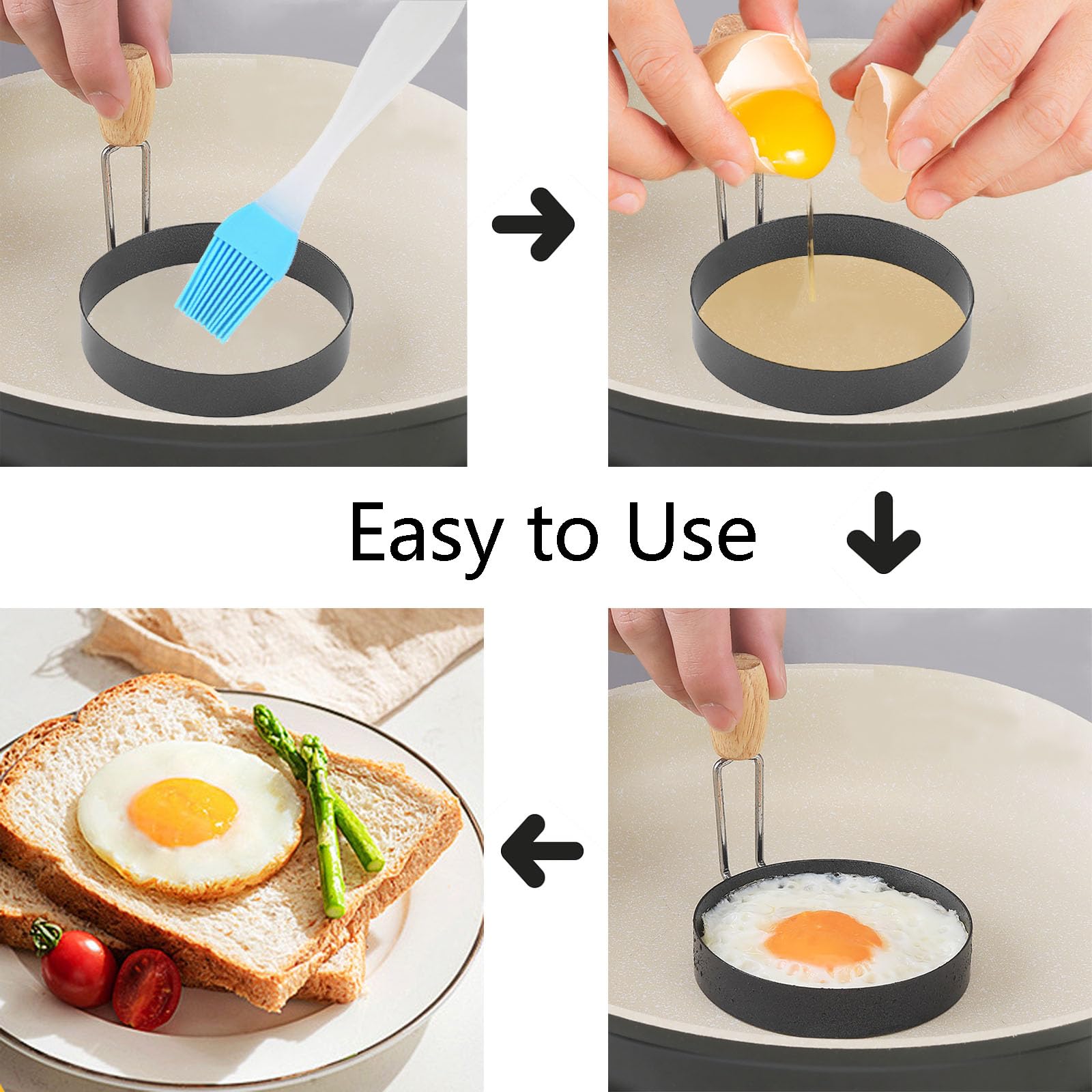 4Pcs Egg Rings With Wooden Handle, 3.5 Inch Egg Rings for Frying Eggs Stainless Steel Fried Egg Cooker Ring With Oil Brush Nonstick Griddle Egg shaper Ring Mold for Breakfast Sandwich English Muffins