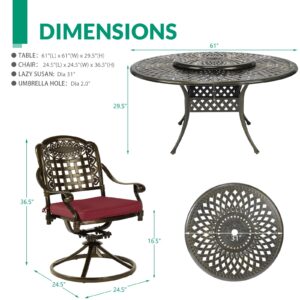 VIVIJASON 9-Piece Outdoor Furniture Dining Set, Rust-Free Cast Aluminum Patio Conversation Set, Include 8 Swivel Dining Chairs & 61" Round Dining Table with 31" Lazy Susan, Umbrella Hole, Red